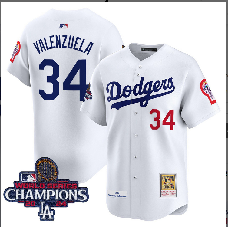 Men MLB Los Angeles Dodgers #34 Valenzuela white 2024 World Series Champions Patch Cooperstown Jersey ->los angeles dodgers->MLB Jersey